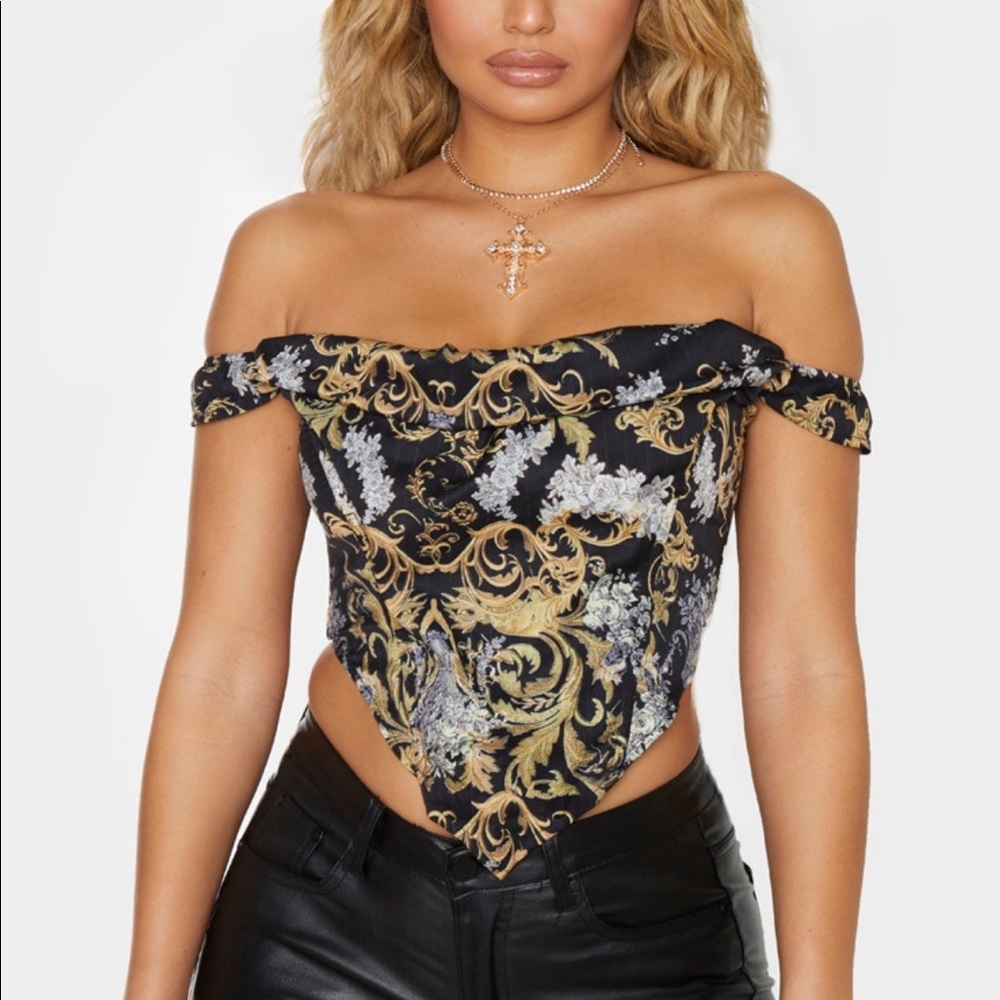 Black baroque print corset Bardot top
